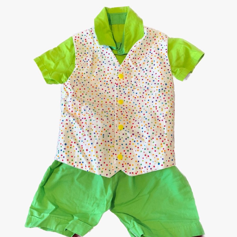 Unbranded Boys 3 Piece Outfit Two Toned Green Shorts, Shirt; Multi-colored Vest;